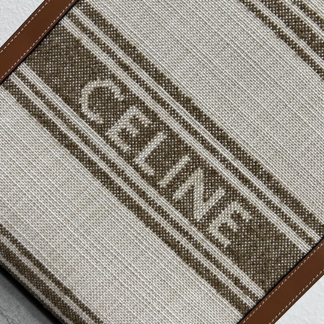 Celine Small Vertical Cabas In Striped Textile With Celine Jacquard And Calfskin Olive Green/Tan 192082